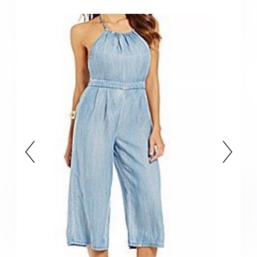 Gianni Bini Marissa Chambray Cropped Denim Wide Leg Halter Jumpsuit, size XS